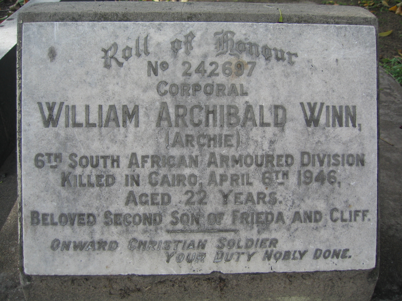 Photo from /search/photos/South Africa/Kwazulu Natal/DURBAN (WEST STREET) CEMETERY/COMM/WINN_WA_COMM.JPG